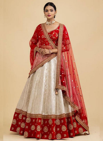 Embroidered White Banarasi Silk Wedding Wear Lehenga Choli